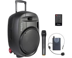 Draagbare Luidspreker 15 inch - 800 Watt - Met 2 UHF Microfoons - Bluetooth - USB - SD - TWS - 6-8 Uur Autonomie