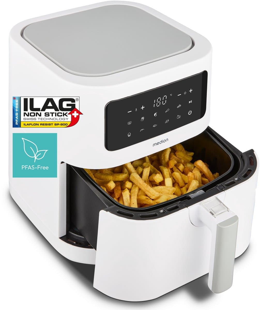 MEDION E40 XL heteluchtfriteuse (5,2 L, airfryer, 2 150 W, 9 automatische programma’s, bakfunctie, frituren zonder olie, touchbediening, LED-display), mat — afbeelding 1
