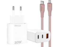 30w laadsetje geschikt voor iPhone en iPad met Lightning kabel 1m 3 poorten snellader adapter