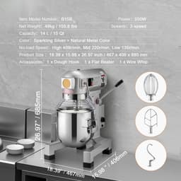 Professionele keukenmixer - Deegmixer/standmixer - Capaciteit 14 L - Vermogen 550 W - 3 Snelheden - RVS Kom - 3 Mengopzetstukken — thumbnail 5