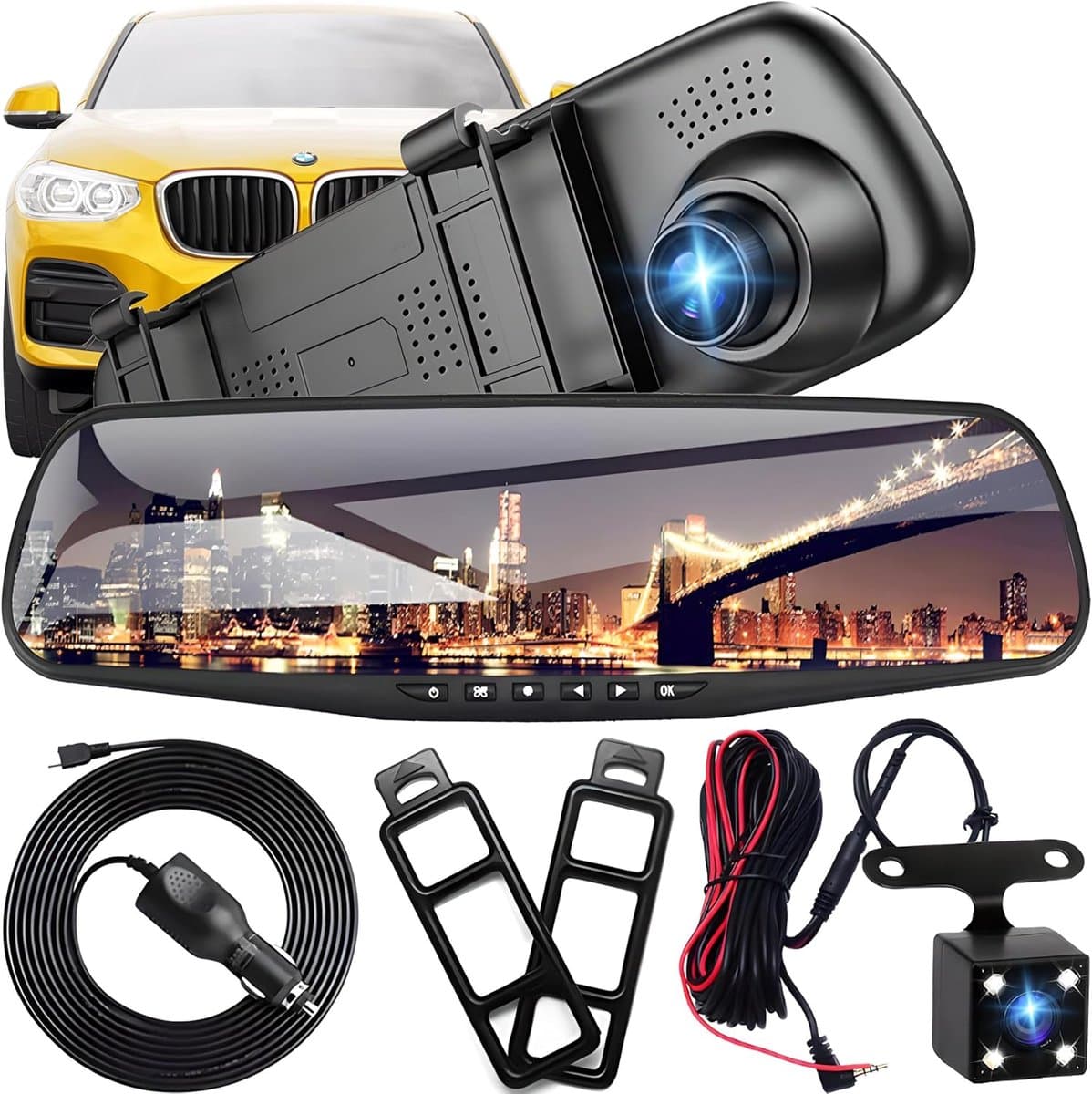 Full HD autospiegeldashcam met achteruitrijcamera met nachtzicht, loop-opname en 4,3-inch display, 170° voor / 120° achter, 1080P dubbele autocamera, parkeermonitor, achteruitrijmonitorsysteem — afbeelding 1