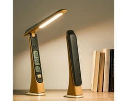 Oplaadbare bureaulamp, driekleurige, traploos dimbare bureaulamp, 1800 mAh bedlamp met tijdsweergave, aanraakbediening, opvouwbaar en draagbaar voor kantoor, lezen en studeren (geen adapter nodig).