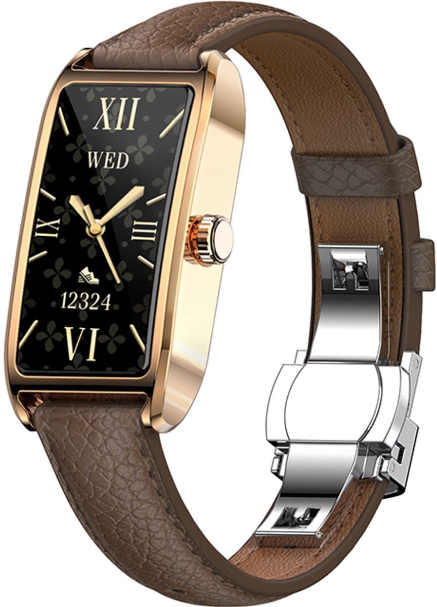 WizBay Premium Select® 1.13 Inch AMOLED Smartwatch Goud met Donker Bruin Leren Band – Hartslag, Bloeddruk SpO₂ Monitoring – Fitness Tracker – Elegant Vierkant Design – Android iOS — afbeelding 1