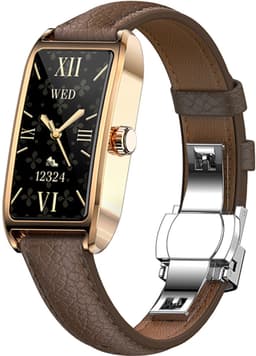 WizBay Premium Select® 1.13 Inch AMOLED Smartwatch Goud met Donker Bruin Leren Band – Hartslag, Bloeddruk SpO₂ Monitoring – Fitness Tracker – Elegant Vierkant Design – Android iOS — thumbnail 1