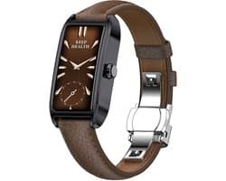 WizBay Premium Select® 1.13 Inch AMOLED Smartwatch Zwart met Donker Bruin Leren Band – Hartslag, Bloeddruk SpO₂ Monitoring – Fitness Tracker – Elegant Vierkant Design – Android iOS