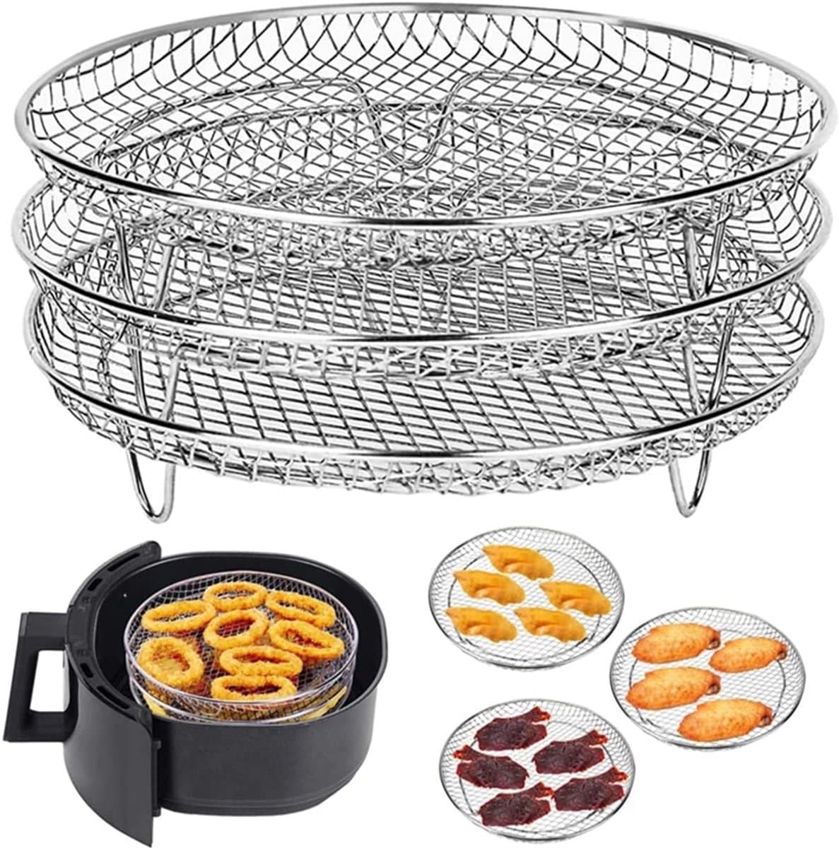 Ronde airfryer van 20 cm, 3 lagen, stapelbaar, compatibel met dehydrators, accessoires gemaakt van 304 roestvrij staal, geschikt voor airfryers, ovens, dubbele lades, grillroosters en Ninja Foodi grillroosters. — afbeelding 1