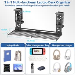 3-in-1 Laptop Houder Met Kabelbeheer en Hooftelefoonhaakjes - Verstelbare Onder-Bureau Organizer voor Thuis en Kantoor — thumbnail 3