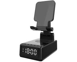 longziming -Multifunctionele Draadloze Bluetooth – Alles-in-1 Bluetooth Speaker met Draadloze Oplader en Wekker – Telefoonhouder & Nachtkast-Organizer – Compact Bureau- en Bedside Accessoire - Zwart