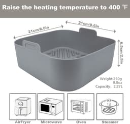 Herbruikbare vierkante siliconen binnenbak voor de airfryer, antiaanbaklaag siliconen mandje, gemakkelijk schoon te maken, geschikt voor bakplaten van 5-6,5 liter (ca. 15,7 liter), airfryeraccessoire van 21,9 cm (ca. 8,6 inch) grijs. — thumbnail 3