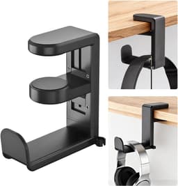 Koptelefoon standaard - Hoofdtelefoon hanger - Koptelefoon houder voor onder bureau - Headset hanger - Headset standaard - Opbergrek - Haken - met 360 graden draaibare haak en kabelclip - voor hoofdtelefoons, petten, brillen - zwart — thumbnail 1