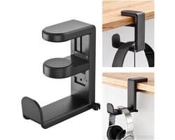Koptelefoon standaard - Hoofdtelefoon hanger - Koptelefoon houder voor onder bureau - Headset hanger - Headset standaard - Opbergrek - Haken - met 360 graden draaibare haak en kabelclip - voor hoofdtelefoons, petten, brillen - zwart