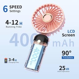 Handmatige Ventilator met LED Scherm en 4000mAh Batterij - 5-in-1 Reis, Bureau en Nekventilator (Roze) — thumbnail 3