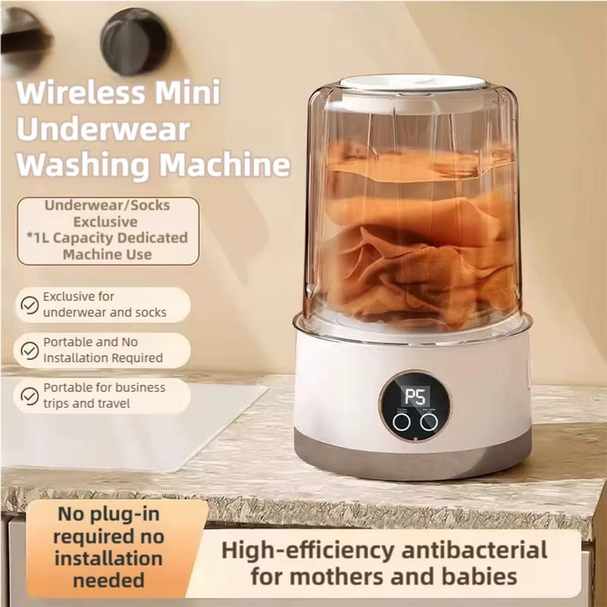 Draadloze mini-wasmachine van 1 liter, USB-opladen, 3000 mAh-batterij, draagbaar met twee snelheden, Geschikt voor op reis, Geschikt voor het wassen van sokken, ondergoed, kleding, kopjes, enz. — afbeelding 1
