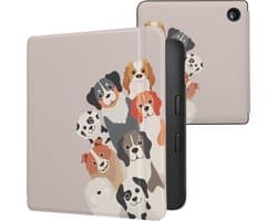 kwmobile e-reader hoesje geschikt voor Kobo Libra 2 hoes - E reader flip case met magnetische sluiting - Ereader cover - Grappige Honden design in bruin / wit / taupe