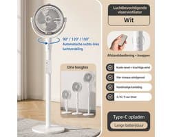 Luchtbevochtigende Statiefventilator met Afstandsbediening - Draadloos Oplaadbaar - 4 Windsnelheden - 3 Hoogtes - Vernevelfunctie - Timer 3/6/9 Uur - USB-C - Wit