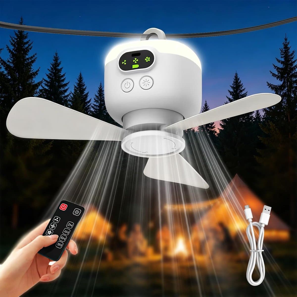 Kampeerventilato - Tentventilator - Draagbare Plafondventilator - Draagbare, Oplaadbare tentventilator met afstandsbediening - Plafondventilator met verlichting - met 3 afneembare ventilatorbladen, timer, 4 snelheden - voor buiten, paviljoen — afbeelding 1