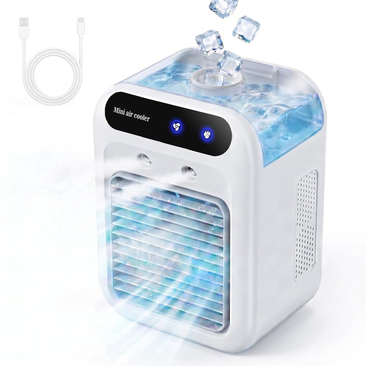 COOAU - Mobiele Airconditioner - Draagbare Luchtkoeler met 500ml Waterreservoir - 2 Ventilatiestanden & 2 Sproeimodi - Stille Mini Airco voor Slaapkamer, Kantoor & Buiten - Energiezuinig & USB-gevoed - Wit — afbeelding 1