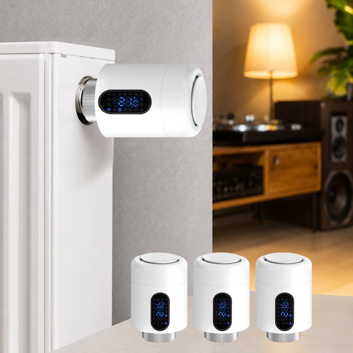 WiFi Radiatorthermostaat met App-bediening en 7 Ventieladapters – Wit – 3-pack — afbeelding 1