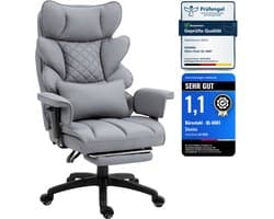 Dowinx Ergonomische Bureaustoel / Gamingstoel – Pocketveren Zitkussen – Dubbel gevoerde Rugleuning & Verstelbaar Lendenkussen – Met Armleuningen en Voetensteun – PU-leer – Grijs