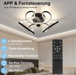 Plafondventilator - Plafondlampen - Plafond met ventilator - Armatuur - Verlichting - Diameter 50 cm - Zwart - Designstuk - Kleur traploop instelbaar -Met afstandsbediening - App - Woonkamer - Slaapkamer - Studeerkamer — thumbnail 3