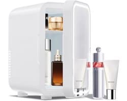 Mini-Koelkast 6L met Dimbare LED Spiegel - Koelen & Verwarmen - AC/12V DC - Voor Slaapkamer, Auto & Skincare - Wit