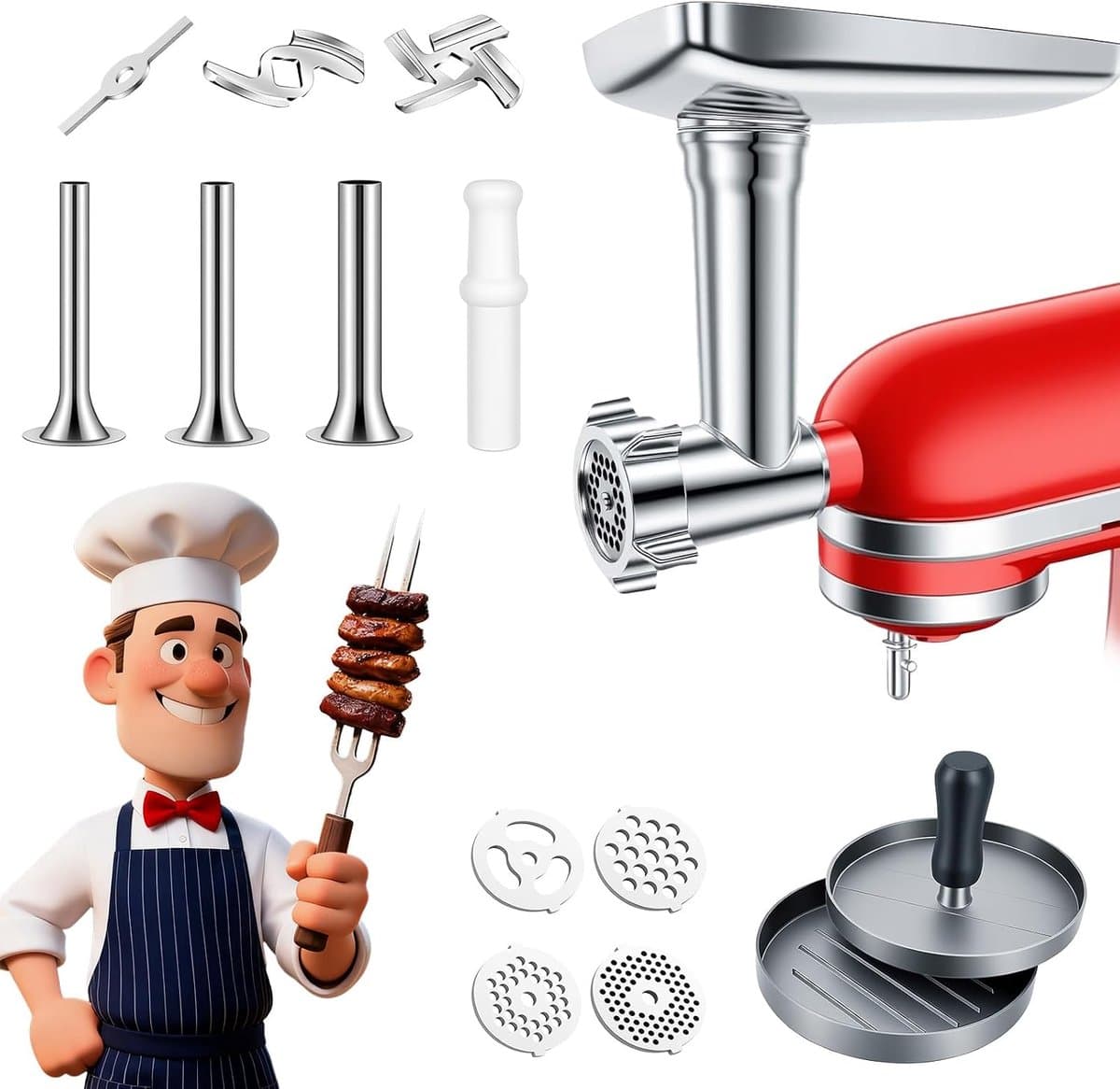 Vleesmolenset voor keukenmachine - RVS - Inclusief malen, worst maken en hamburgers - Voor eenvoudig thuisgebruik - ShopVlot — afbeelding 1