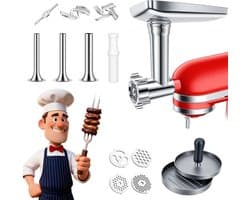 Vleesmolenset voor keukenmachine - RVS - Inclusief malen, worst maken en hamburgers - Voor eenvoudig thuisgebruik - ShopVlot