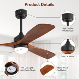 DESMIU Plafondventilator 132 Cm - Met LED-Verlichting, Dimbaar, Memoryfunctie En 6 Snelheden - Voor Woonkamer En Slaapkamer - Hout Zwart — thumbnail 5