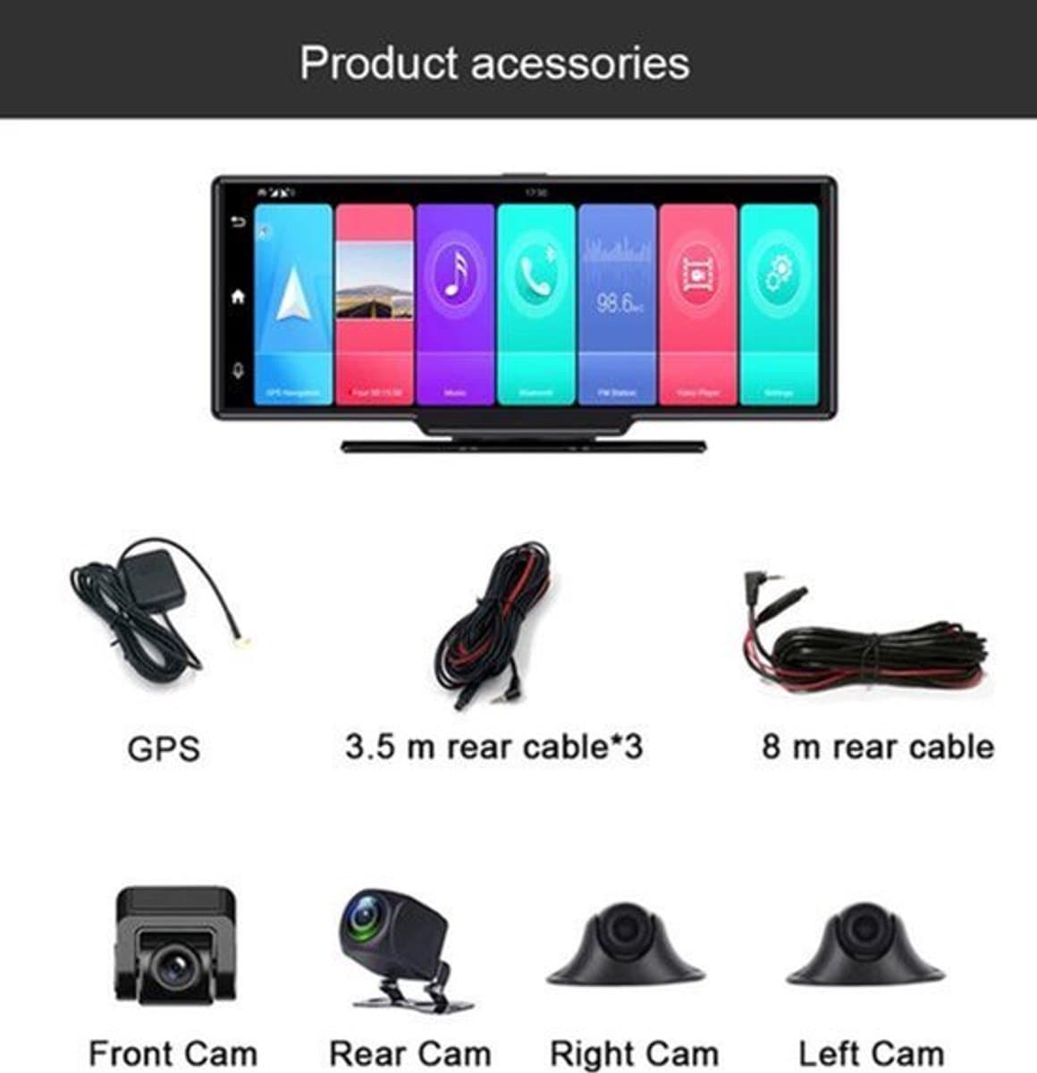 Dashcam voor Auto - 10.26" 4G Android 9 Dashcam - 360° Panoramisch Beeld - GPS Navigatie - 4G Camera - ADAS Rijhulp - WiFi - Parkeermodus - G-Sensor - Loop Recording - Zwart — afbeelding 1