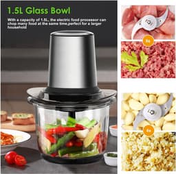 Elektrische Hakmolen - Keukenmachine Universal - Snel Ingrediënten Snijden - 4 Roestvrijstalen Messen - 1.5L Glazen Kom - Multicolor — thumbnail 2