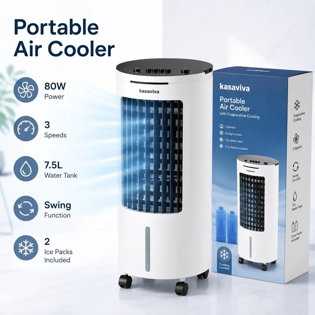 House Of Atelier - Luchtkoeler - Air Cooler - Ventilator - Luchtbevochtiger - Afstandbediening - 2 Koelelementen - Watertank 4L - 28x28x58cm — afbeelding 1
