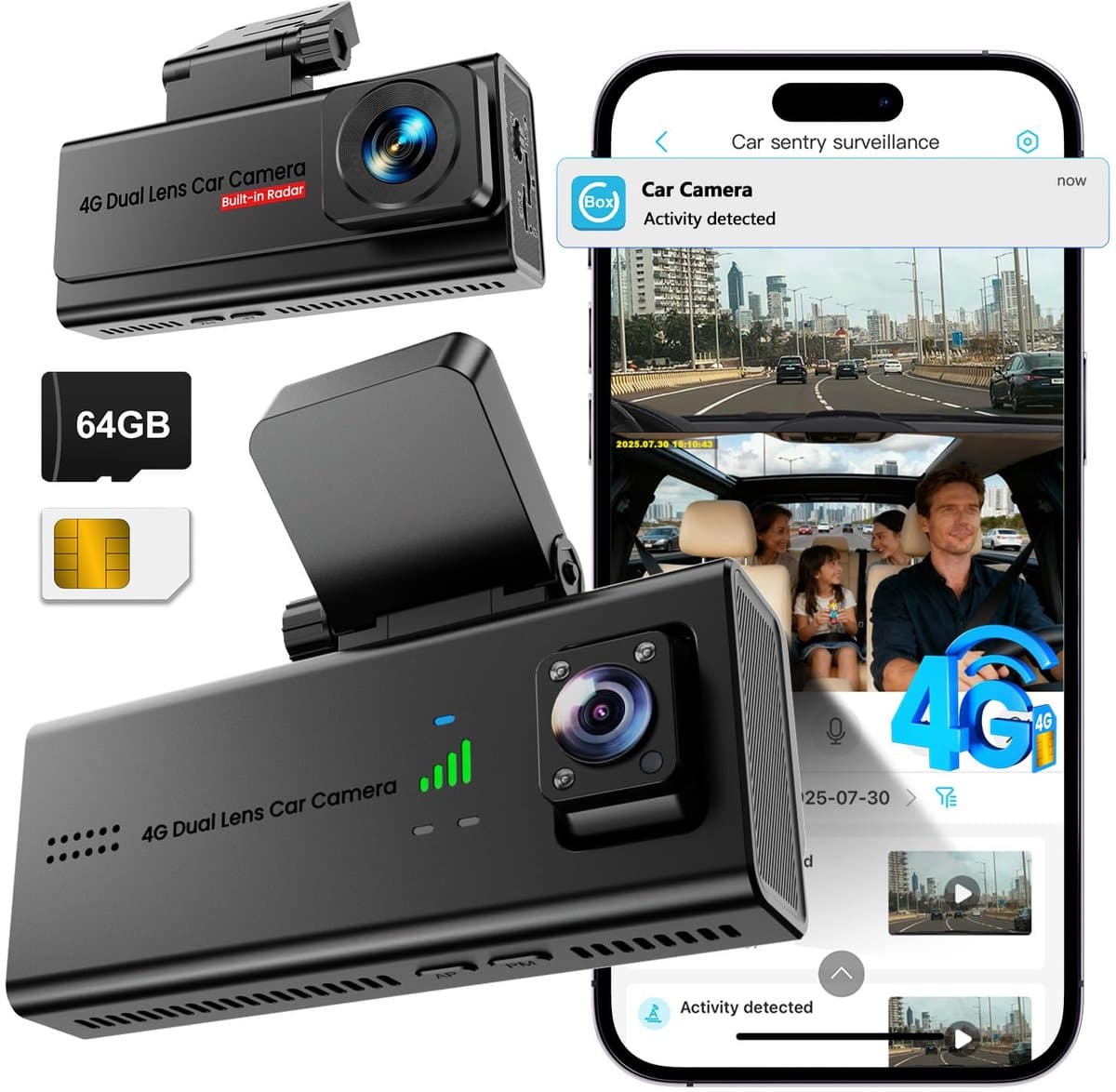 SnelShoppen - 4G Dashcam Auto met Simkaart, 64 GB, Parkeerbewaking, App-Real-Time Weergave, Bewegingsdetectie, Botsingsherkenning, 2-weg Talk — afbeelding 1