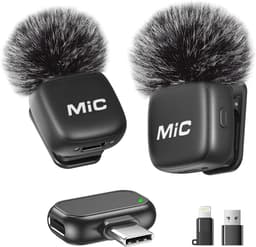 Draadloze dasspeldmicrofoon geschikt voor iPhone, iPad en Android-telefoons. Set van 2 mini-microfoons met ruisonderdrukking, automatische koppeling, mute-functie en reverb, geschikt voor vloggen, video-opnames, TikTok en YouTube — thumbnail 1
