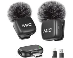 Draadloze dasspeldmicrofoon geschikt voor iPhone, iPad en Android-telefoons. Set van 2 mini-microfoons met ruisonderdrukking, automatische koppeling, mute-functie en reverb, geschikt voor vloggen, video-opnames, TikTok en YouTube