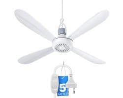 Camping Ventilator - Mobiele Plafondventilator - Hangventilator - Ø 40 cm - Draagbaar en Stil - Met Ophanghaak - 5 Meter XXL-Kabel met Schakelaar - 4 Afneembare Ventilatorbladen - 5 Watt - Wit - Ideaal voor Camping, Tent en Caravan