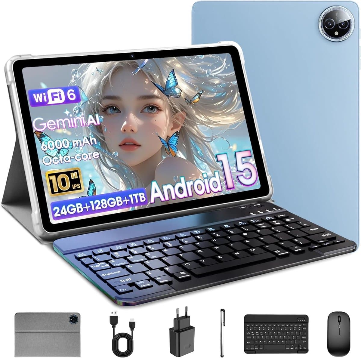 SnelShoppen - 10 Inch Android 15 Tablet met T615 Octa-core, 24GB RAM, 128GB ROM, 1TB TF, WiFi 6, Bluetooth 5.4, 5MP+8MP Camera, 2-in-1 Tablet met Toet — afbeelding 1