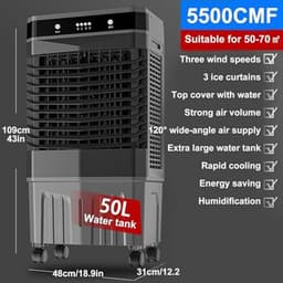 Verdampingsluchtkoeler - Mobiele Airco Ventilator - Ruimtes Koelen - Grote Watertank - 50L 100cm - Wit — thumbnail 3