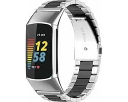 Stalen Smartwatch bandje - Geschikt voor Fitbit Charge 5 / Fitbit Charge 6 stalen band - zilver/zwart - Strap-it Horlogeband / Polsband / Armband