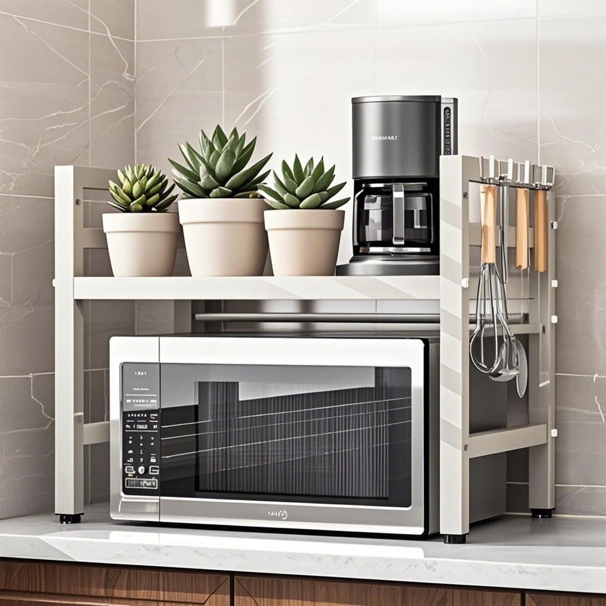 CHIWIN Magnetron Rek Wit Uitschuifbaar 40-64cm - Keuken Magnetronkast met 6 Haken - Opbergrek voor Magnetron Verstelbare Hoogte 32/42cm - Koolstofstaal - 30kg Draagvermogen - voor Magnetrons, Airfryers, Oven — afbeelding 1