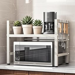 CHIWIN Magnetron Rek Wit Uitschuifbaar 40-64cm - Keuken Magnetronkast met 6 Haken - Opbergrek voor Magnetron Verstelbare Hoogte 32/42cm - Koolstofstaal - 30kg Draagvermogen - voor Magnetrons, Airfryers, Oven — thumbnail 1