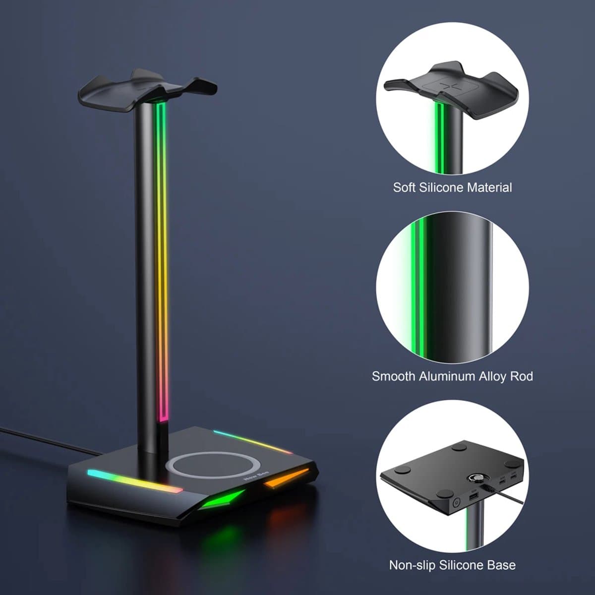 RGB Koptelefoonstandaard met Draadloze Oplader - Gaming Headset Houder met 3 USB poorten, Hoogwaardig Aluminium + TPU Materiaal, Gradient Verlichtingseffecten — afbeelding 1