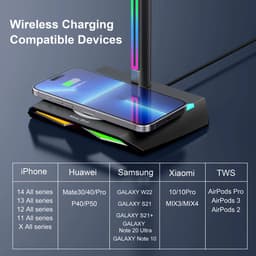 RGB Koptelefoonstandaard met Draadloze Oplader - Gaming Headset Houder met 3 USB poorten, Hoogwaardig Aluminium + TPU Materiaal, Gradient Verlichtingseffecten — thumbnail 2