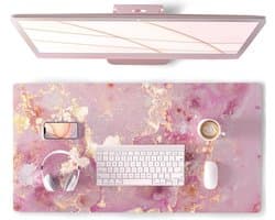 Grote muismat, schattige roze bureaumat voor desktop, vrouwen meisjes PU leer waterdicht gaming, roségoud marmeren computer pc laptop beschermer schrijfblokken voor school kantoor thuis