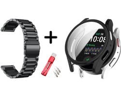 Strap-it RVS stalen schakel bandje Zwart + TPU Case Zwart + Toolkit - Geschikt voor Samsung Galaxy Watch 4 44mm - Bescherming hoesje voor Galaxy Watch 4 44mm smartwatch - Metalen band Zwart + TPU Case Zwart +Toolkit
