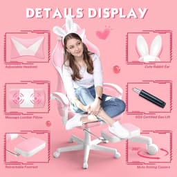 Soontrans-Gamingstoel - Ergonomische Gamingfauteuil - Voetsteun PC - Stoel Gamingstoel-Hoofdsteun - Lendenkussen Racecomputerstoel - Konijnenoren - Ergonomische Bureaustoel - Roze — thumbnail 4