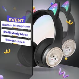 Kinder Bluetooth Oortjes - 85dB & Opvouwbaar - Met LED Kattenoren - Geschikt voor Tablet en PC (Zwart) — thumbnail 2