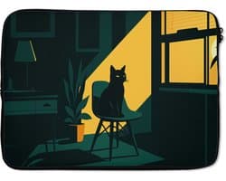 Laptophoes 13 inch - Zwarte kat - Mysterieus - Gele instraal - Laptop sleeve - Binnenmaat 32x22,5 cm - Zwarte achterkant