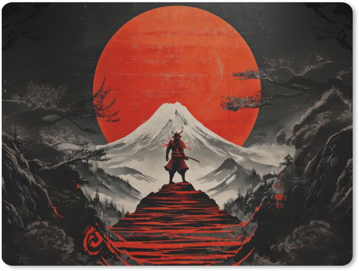 Muismat XXL 80x60 cm - Bureau onderlegger - Bureau mat Krijger - Rode trappen - Zon - Berg - Bureaumat - Gaming mousepad xl - Bureaulegger groot - Computer deskmat — afbeelding 1