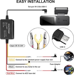 USB-C Display Dash Cam Hardwire Kit - Dashboard Camera Car Charger Cable Kit - 12V naar 5V kabel voor dashcam met laagspanningsbeveiliging voor zekeringen — thumbnail 5