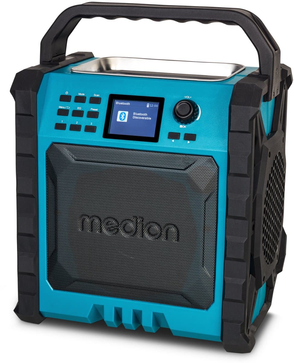 MEDION P66896 bouwplaatsradio (DAB Plus, DAB+/UKW, geïntegreerde oplaadbare batterij, kleurenscherm, Bluetooth, powerbankfunctie, IP54, robuust, twee passieve radiatoren) — afbeelding 1